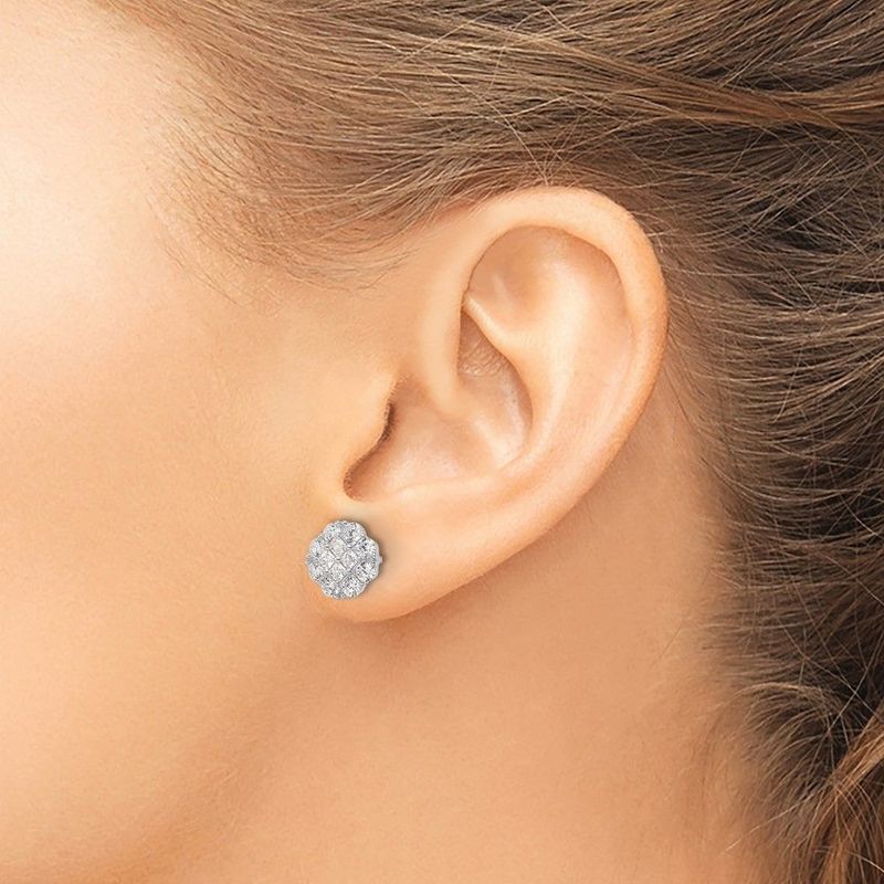 Sterling Silver Rhodium-plated Polished CZ Cluster Flower Post Earrings_voghion.com