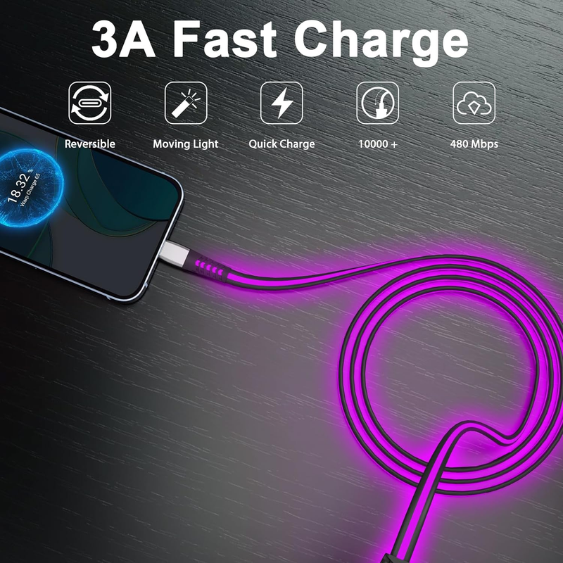 Type C for hurtiglading, oppgradert LED-kabel på omtrent 1,8 meter, USB-C-type datakabel_voghion.com