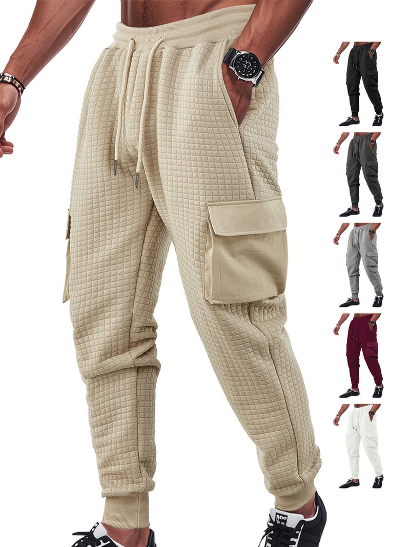 Men's Spring And Autumn New Thickened Multi-Pocket Jacquard Checkered Casual Cargo Pants_voghion.com