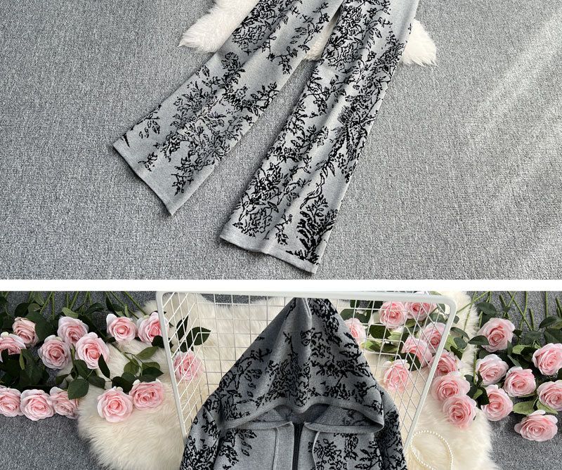 Sweat-shirt tricoté à capuche et fermeture éclair en jacquard pour femmes, ensemble deux pièces, taille haute, pantalon à jambes larges_voghion.com