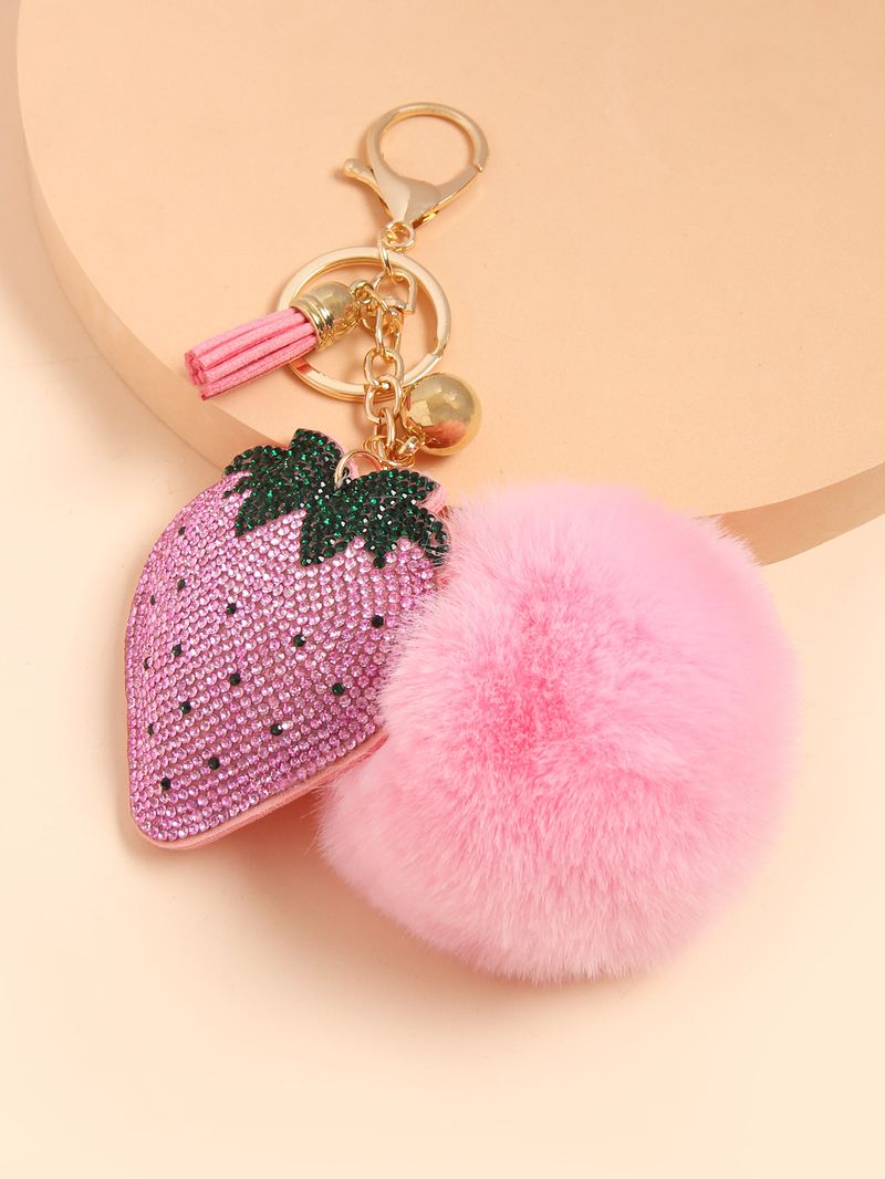 Ciondolo per borsa a forma di cuore a forma di fragola con foratura a caldo, portachiavi da donna, ciondolo con nappa in pelliccia, ciondolo con strass alla moda, piccolo regalo_voghion.com