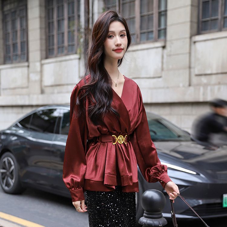 Elegant Pure Desire Ancora Red Satin Blouse With Belt Waist-Cinching French Light Lady Acetate Shirt_voghion.com