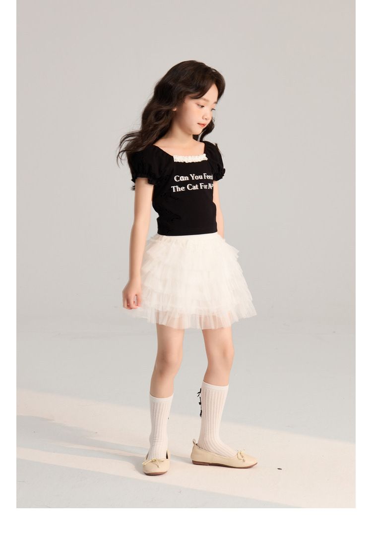 Ropa para niños Verano Nuevo Simple Transpirable Letra Estampado Casual Encaje Mangas cortas_voghion.com