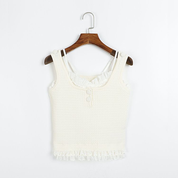 Summer New Lace Trim Sleeveless Vest Two-Piece Top Square Neck Buttoned Small Braided Knit_voghion.com