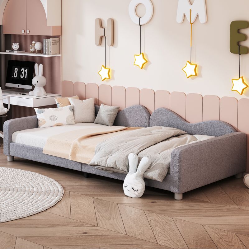 Polsterbett 90x200cm, Schlafsofa, Teddystoff, Mit Armlehnen, Grau_voghion.com
