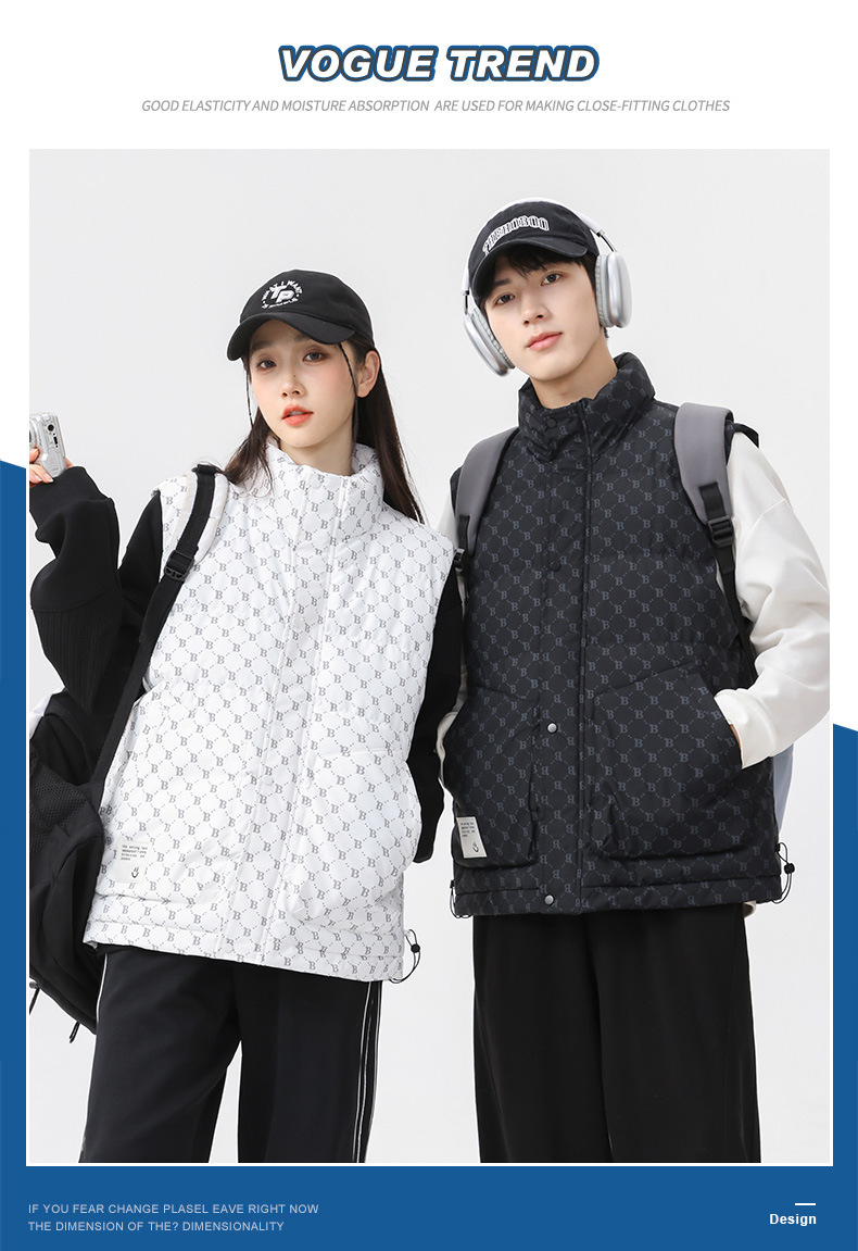 Damenmode-Paar trägt ärmellose Weste, lockere Außenkleidung, Modemarke und warmen Baumwollmantel_voghion.com
