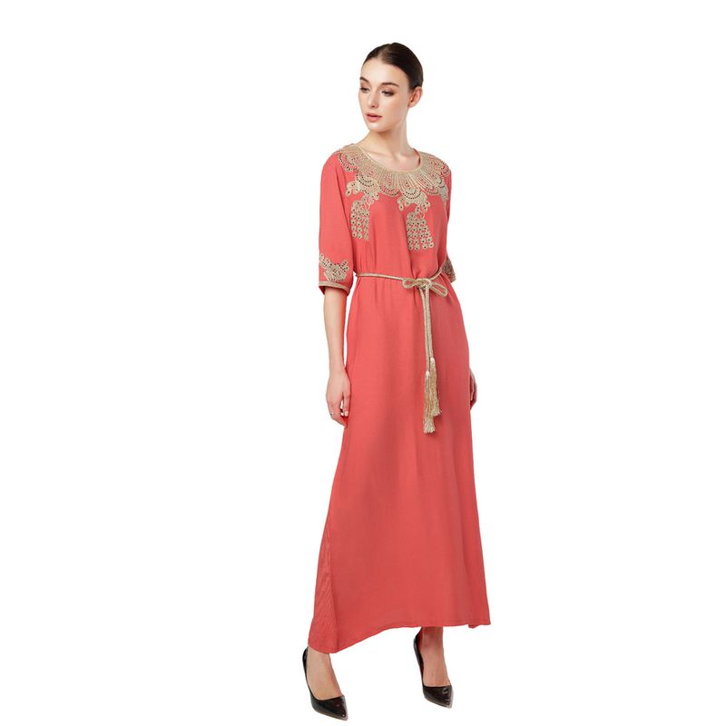 Türkiye Muslim Women's Embroidery Lace Up Short Sleeve Abaya Robe Dubai Swing Dress_voghion.com
