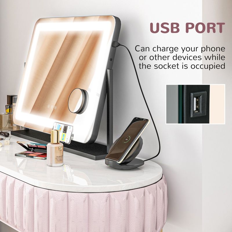 Vanity Mirror With 3 Colour LED Light, Magnifier, USB Port, Touch Screen_voghion.com