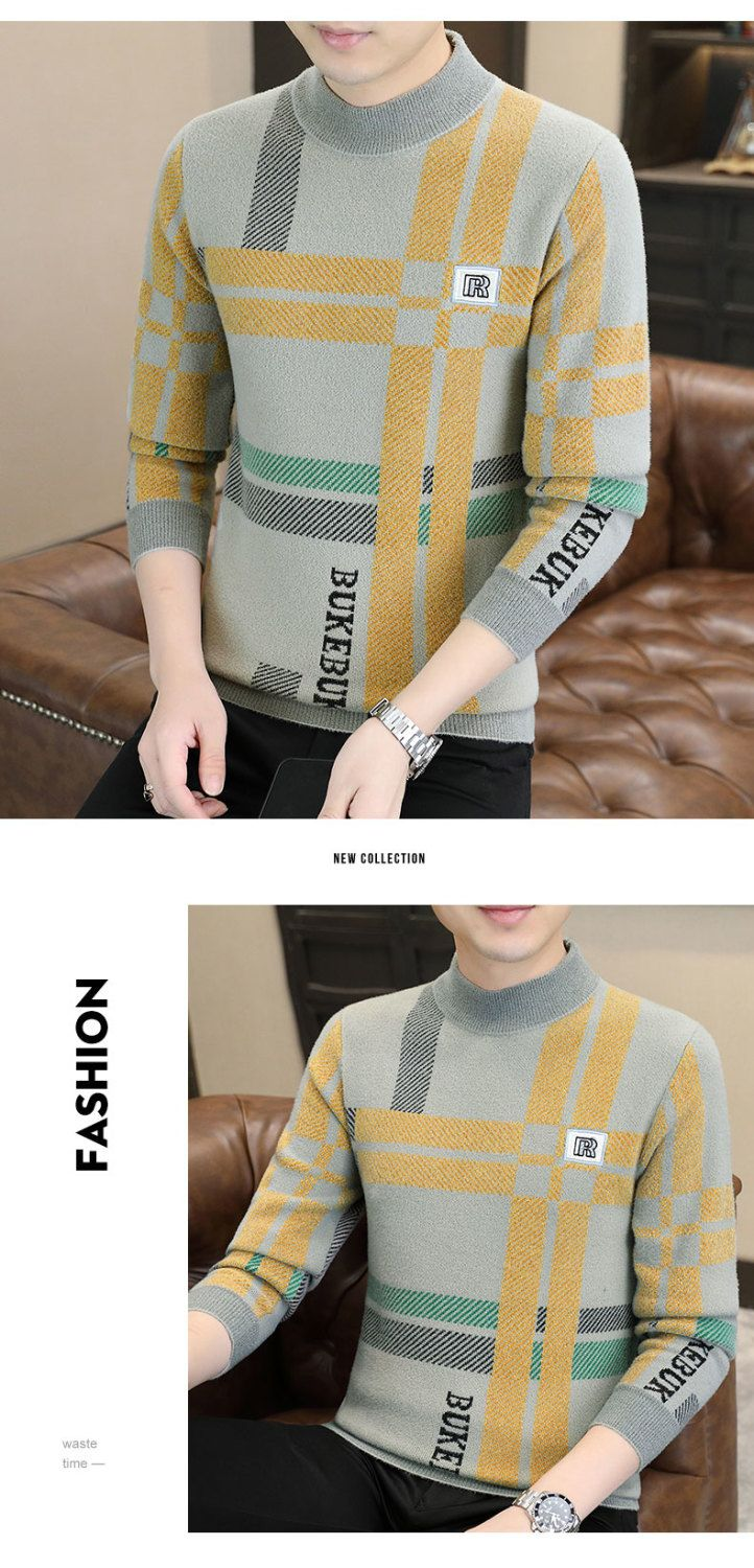 Mid neck sweater for men in autumn and winter, half high neck bottom shirt, striped jacquard high-end knitwear, new_voghion.com