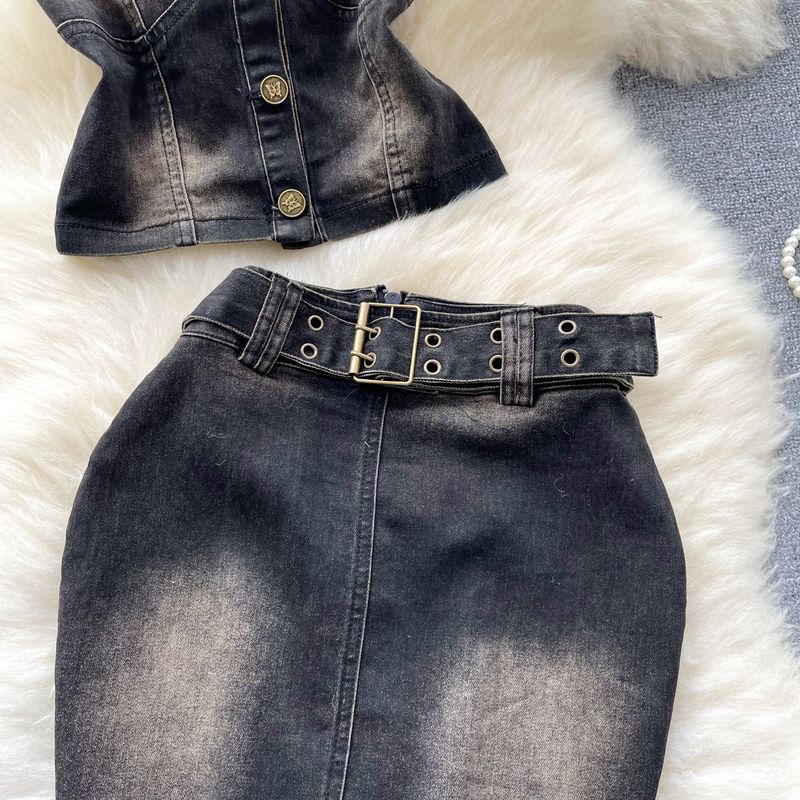 Damenbekleidung Retro reine Hot Girl Style Hosenträger Tube Top Weste + Farbverlauf hohe Taille schlanker Hüftrock Denim Anzug_voghion.com