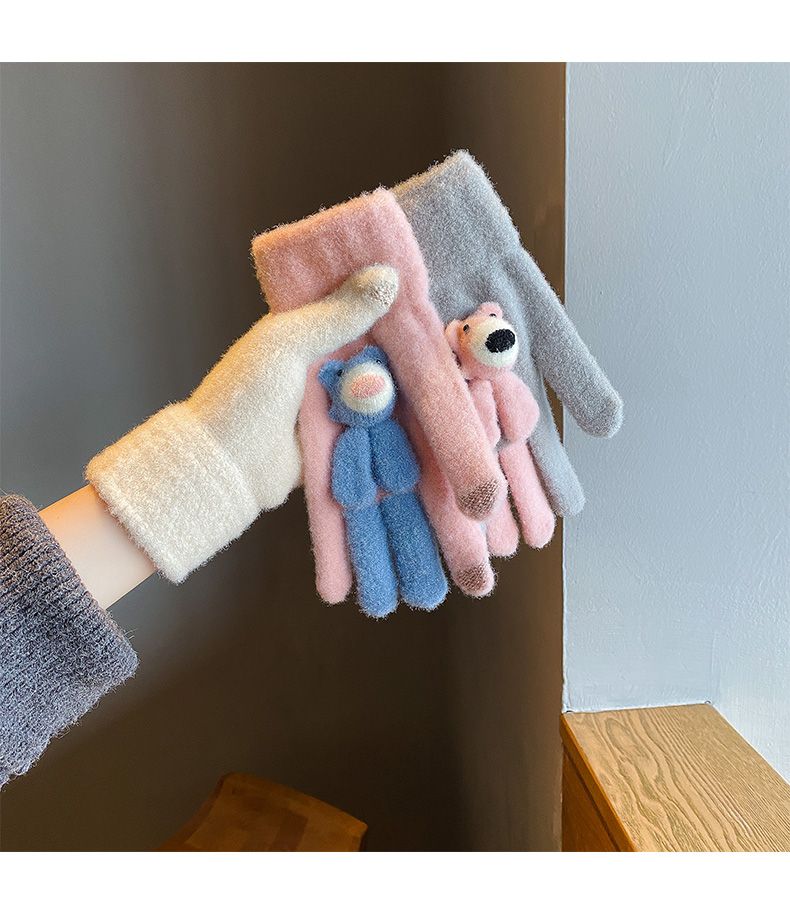 Guantes de punto de oso para mujer, de lana gruesa y cálida, para invierno, aptos para pantallas táctiles, ciclismo de invierno para prevenir el frío._voghion.com