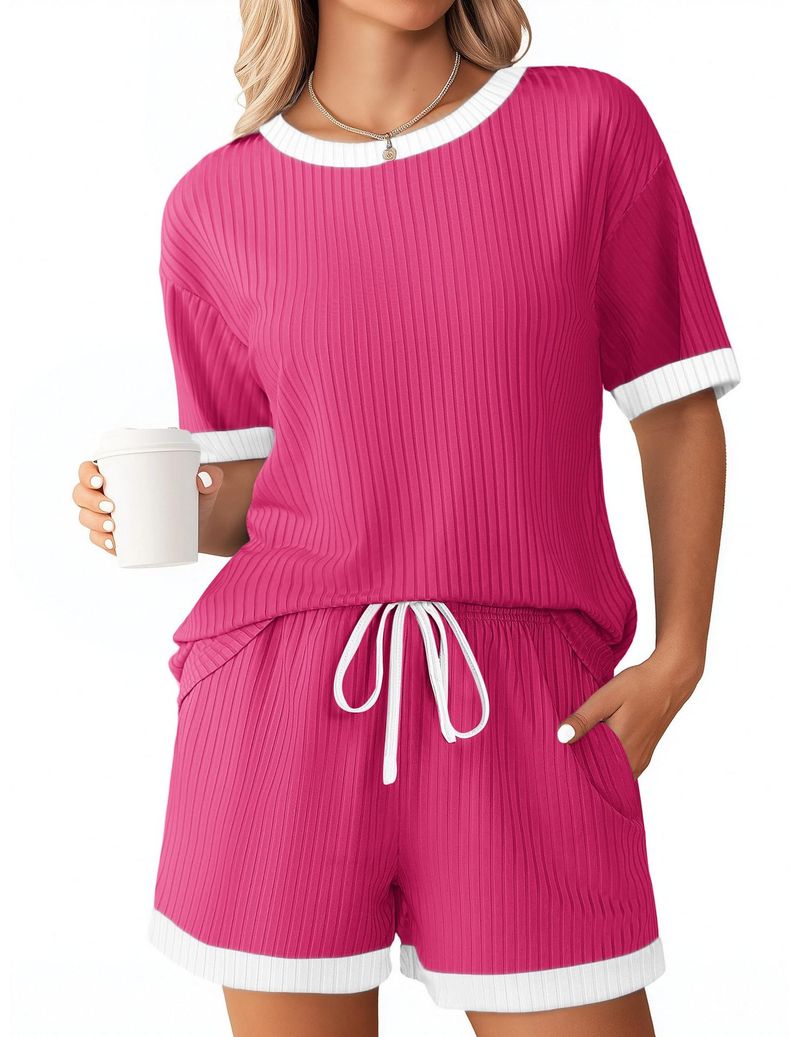 Kadın Giyim Yaz Yeni Düz Renk Çukur Çizgili Renk Uyumlu Pijama Kısa Kollu Ev Giyim Takımı_voghion.com