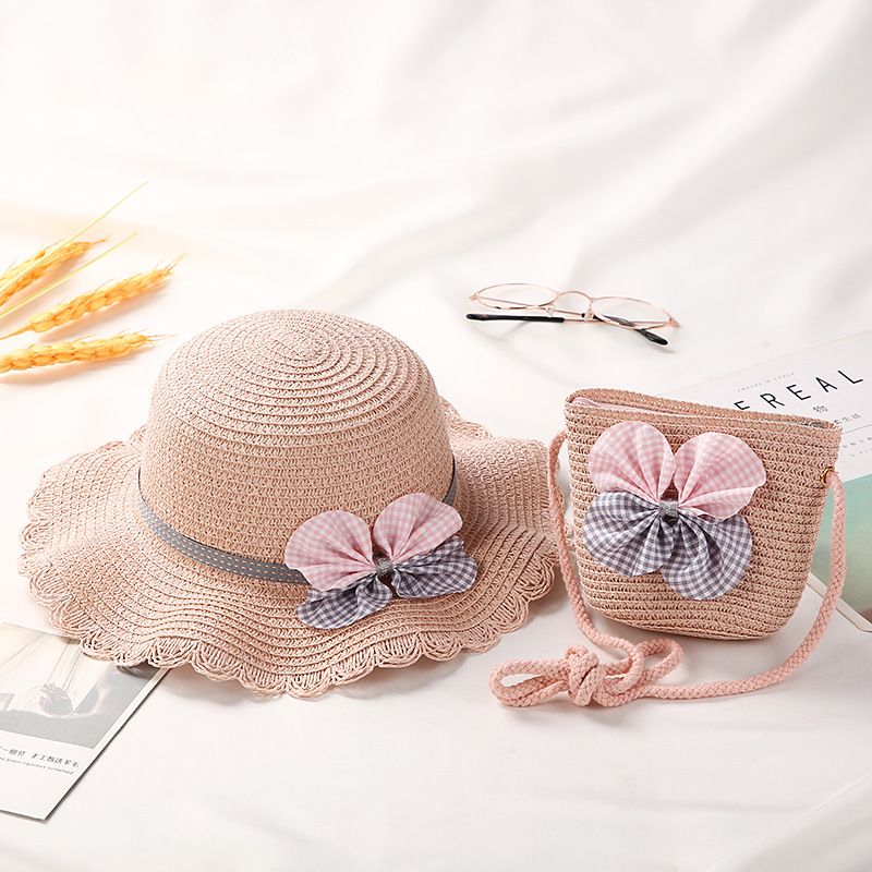 Moda Ragazze Paglia Turismo Fiore Bambini Cappello da Sole e Borsa Set Bambino Esterno Tesa Larga Cappelli da Pescatore_voghion.com