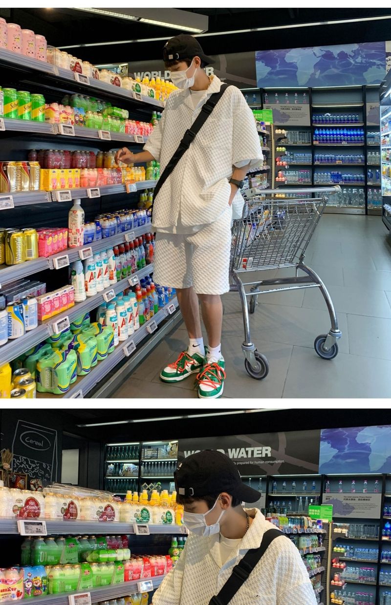Summer Lightweight Casual Sports Men's White Short Sleeve Shirt Straight Waffle Shorts Set_voghion.com