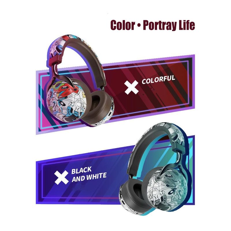 VJ086 Graffiti Headset Wireless Sports Bluetooth Headset Water Transfer Color Print Headset, Support TF, FM(Dazzle Colour)_voghion.com