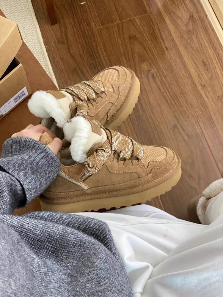 2025 Höstpälssnökängor för kvinnor Snörning med slip-on, halkfria, varma sportskor, alla matchande casual bomullsskor_voghion.com