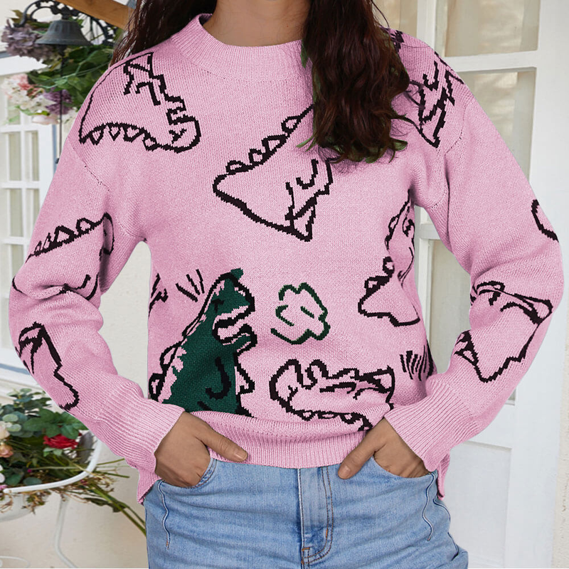 Women's Clothing long sleeved sweater autumn and winter new round neck loose cartoon dinosaur sweater_voghion.com
