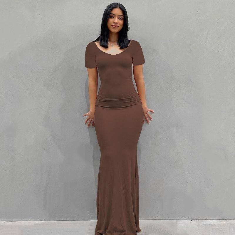 Damenbekleidung Langes Kleid Lässiges, schmales, langärmliges Heimkleid_voghion.com