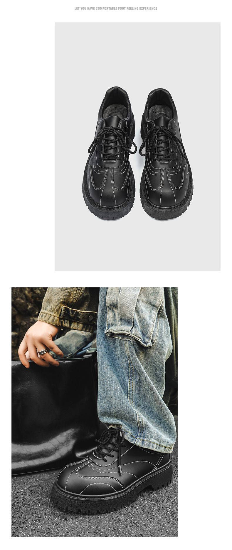 Men's Black Casual Derby Shoes With Round Toe & Thick Sole For Height Increase – Stylish & Comfortable Low-Top Shoes_voghion.com
