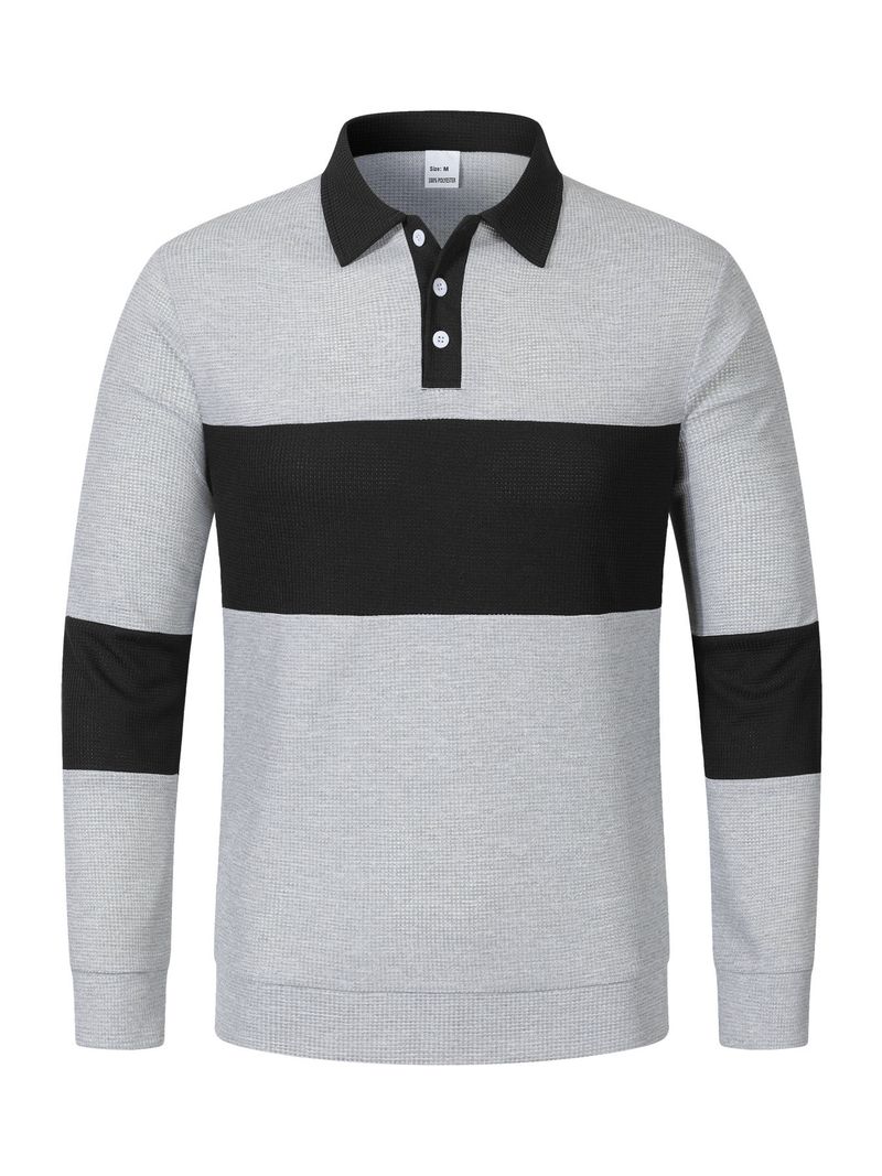 Herren-Poloshirt mit Waffelstrick und Kontrastfarbe, langärmelig – Locker geschnittenes, lässiges Hemd mit Button-Down-Kragen für den Herbst_voghion.com