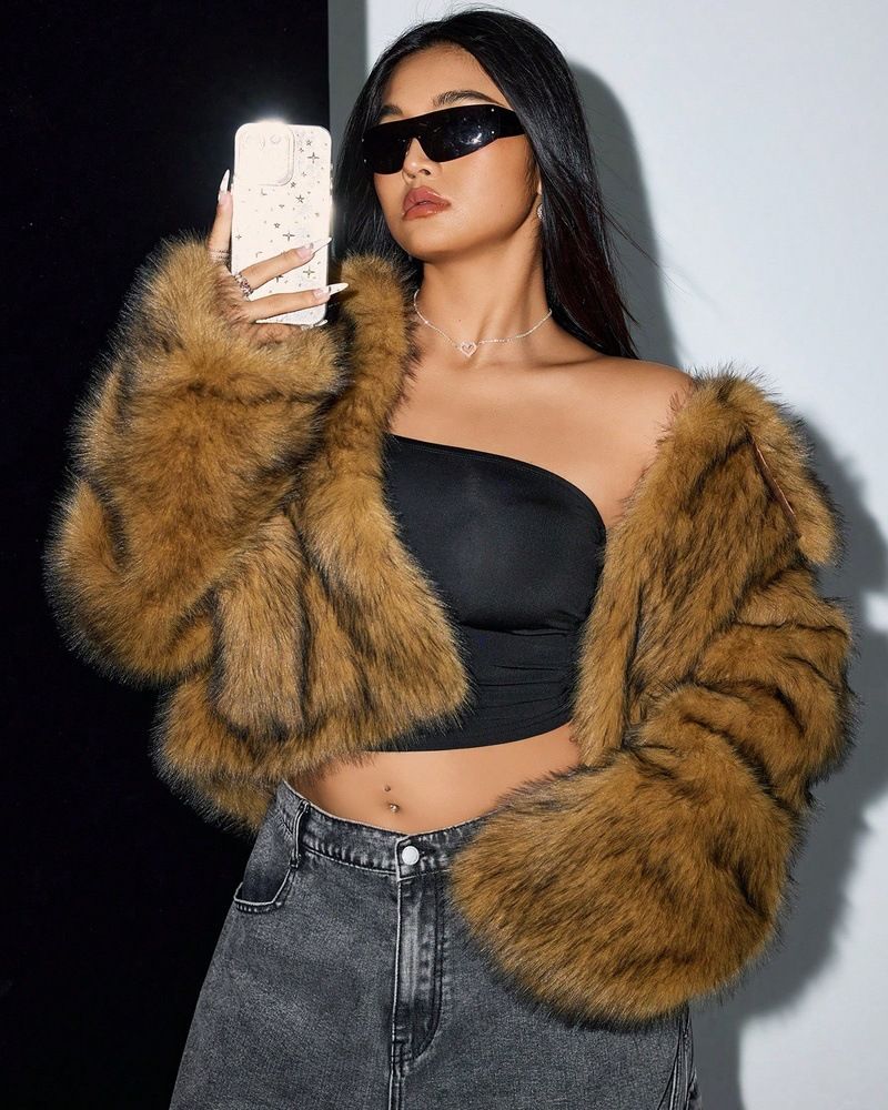 Women’s Faux Fox Fur Jacket – Trendy Winter Coat With Ombre Effect (S-XXL, Black/Tan/White, Plush Collar, Thickened Warmth,Machine Washable)_voghion.com