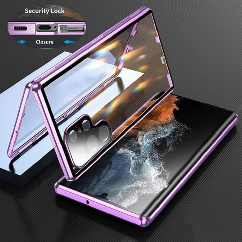 Custodia con chiusura a scatto in vetro a doppia faccia in metallo 360 completa per Samsung Galaxy S24 S23 S22 Ultra S23FE 23+ Coperchio di protezione dell'obiettivo_voghion.com