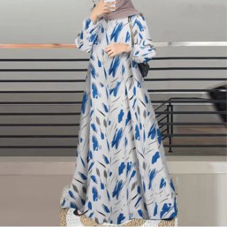 Abbigliamento da donna Elegante abito a maniche lunghe con stampa floreale per donna musulmana - Abito lungo a trapezio modesto con scollo rotondo e maniche a sbuffo - Disponibile_voghion.com