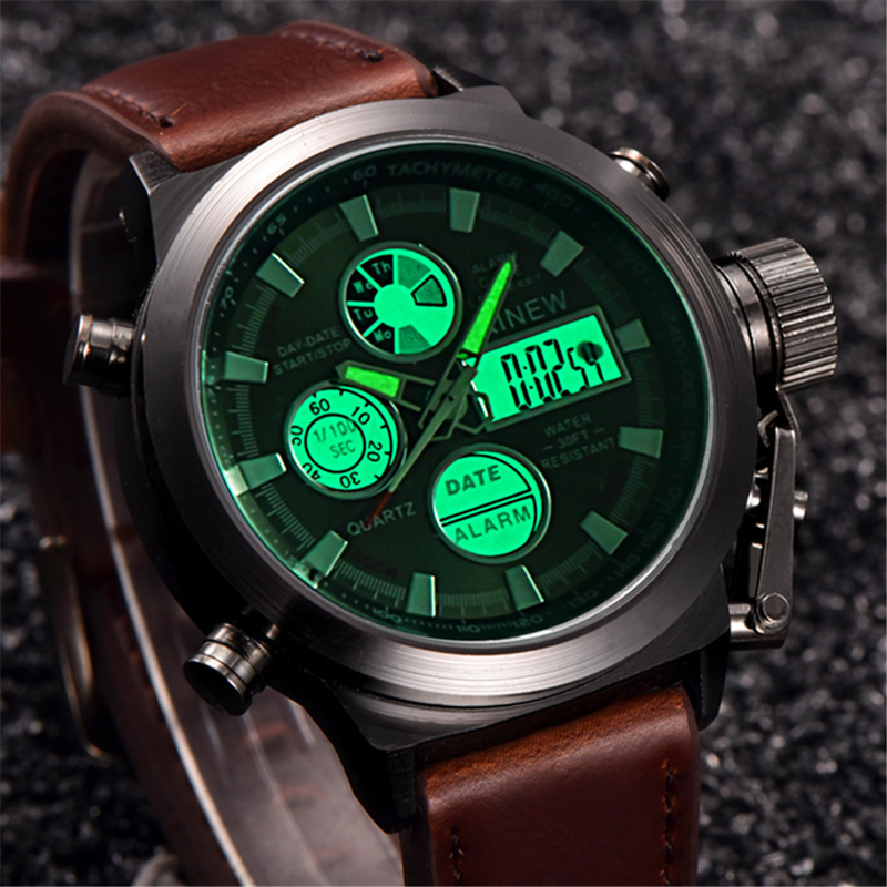 Sportliche digitale Analoguhr für Herren mit LED-Hintergrundbeleuchtung, Alarm, Kalender, GMT-Funktion, rundem 45-mm-Zifferblatt, PU-Armband im Sportstil_voghion.com