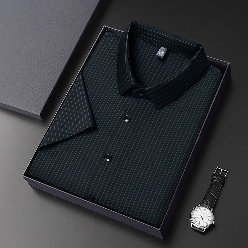 Camicia da uomo CT Ice Silk elasticizzata a maniche corte, estiva, casual, da lavoro, con stampa a righe sottili_voghion.com