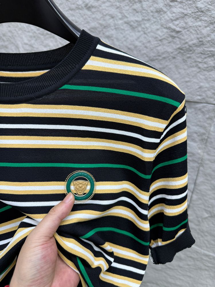 Maglietta a maniche corte estiva da uomo, tendenza giovanile, a righe, in seta ghiacciata, a mezza manica, scollo rotondo, polo sottile._voghion.com