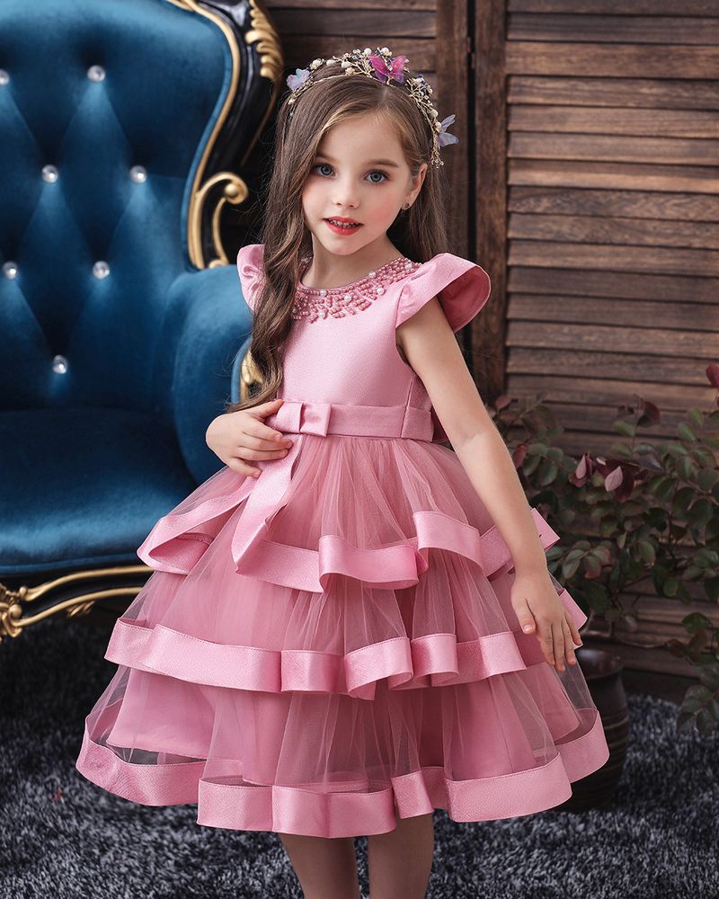 Robe de spectacle perlée pour enfants européens et américains, robe bouffante multicouche pour fille, robe de Noël pour enfants_voghion.com