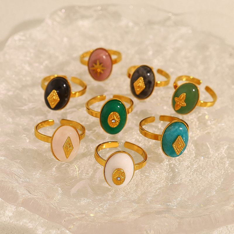Anello in acciaio al titanio con pietra naturale placcato in oro K Anello aperto con diamante a forma di stella geometrica in stile semplice da donna_voghion.com
