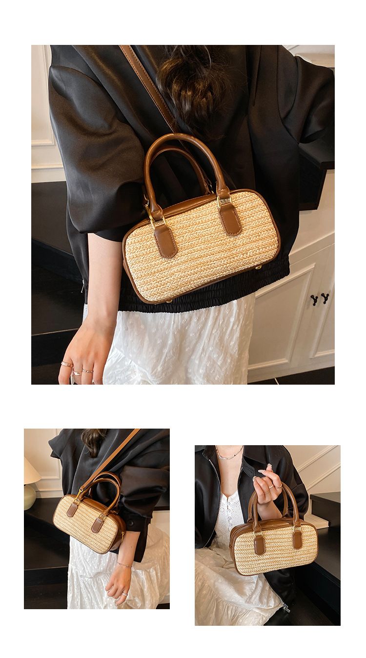 Borsa da donna in paglia intrecciata, piccola, quadrata, borsa a cuscino Boston, borsa a mano con colori a contrasto, borsa a tracolla_voghion.com