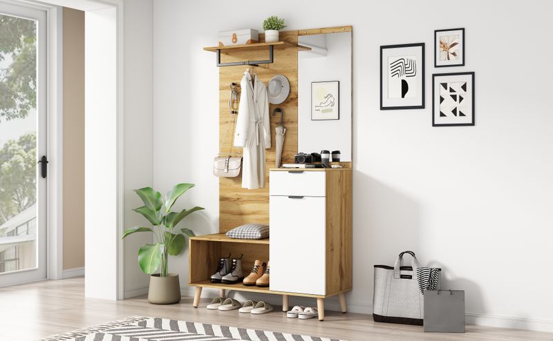 Porte-manteau multifonctionnel en bois de 190 cm de haut avec miroir, banc à chaussures, meuble à chaussures, tiroir, étagère et crochets à vêtements – Design moderne avec charnières hydrauliques et rangement pratique_voghion.com