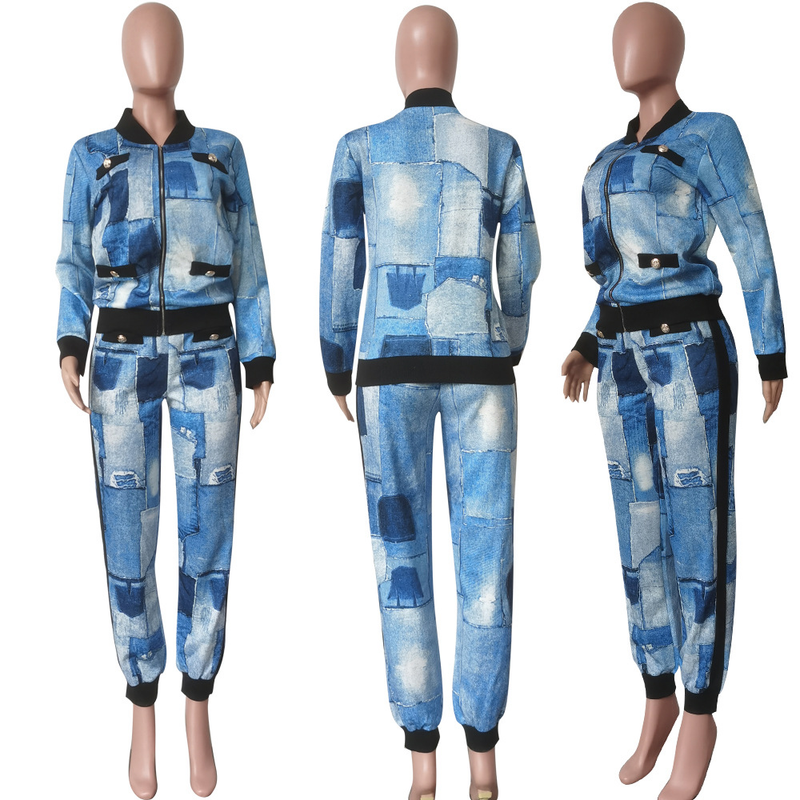 Traje casual de moda para mujer, abrigo con botones y pantalones con estampado de mil pájaros, conjunto de dos piezas_voghion.com