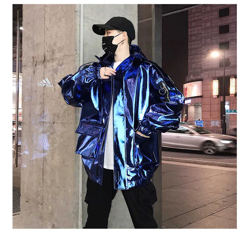 Giacca da uomo in ecopelle riflettente lucida primavera autunno Mauroicardi con cerniera, giacca a vento di design cool, abiti hip-hop_voghion.com