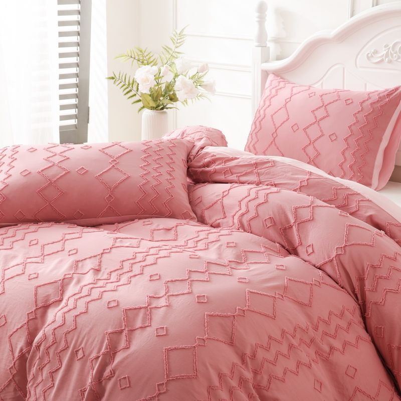 Nordisches geometrisches Bettbezug-Set – 3-teilige Jacquard-Bettwäsche mit altrosa Rautenmuster, Spannbettlaken-Stil_voghion.com
