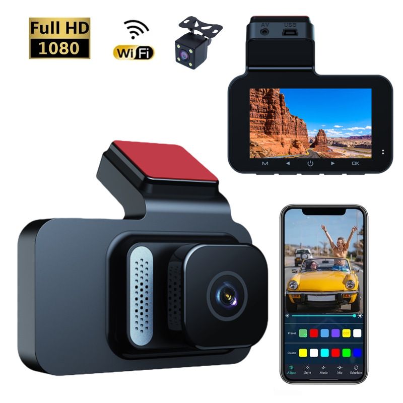 Dashcam con registrazione anteriore e posteriore, telecamera per auto con visione notturna a infrarossi adesiva a doppia lente da 3 pollici con WiFi ad alta definizione_voghion.com