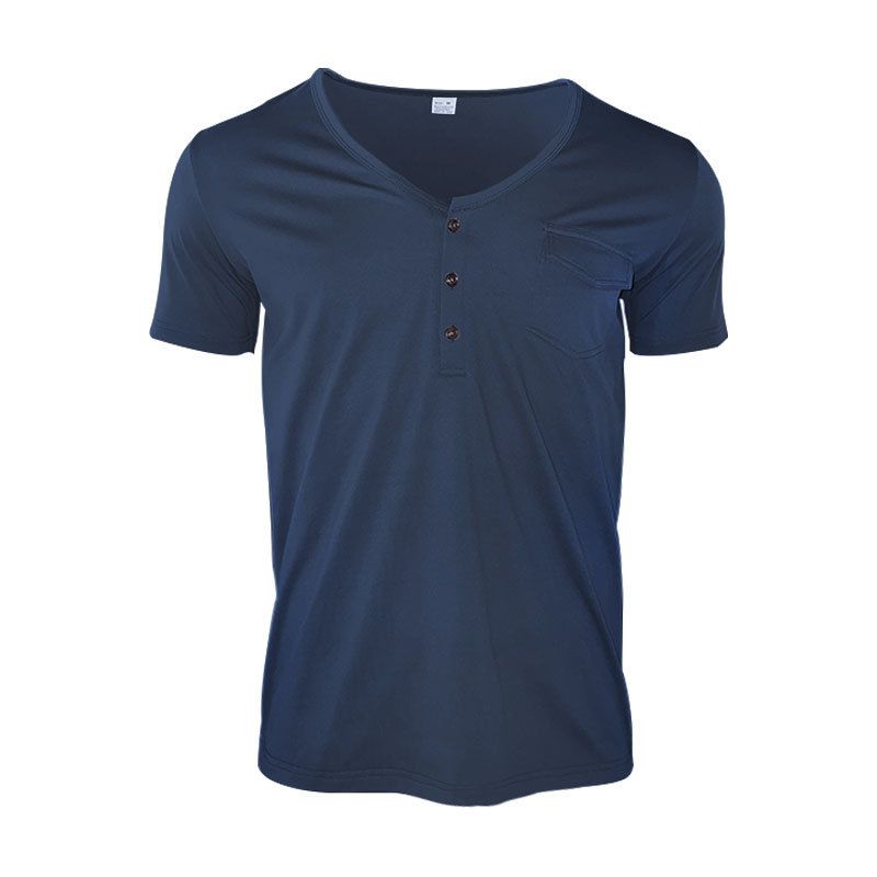 2024 Herren Großes Sommer Casual Button Fit Kurzarm T-Shirt Henry V-Ausschnitt Pocket Top_voghion.com