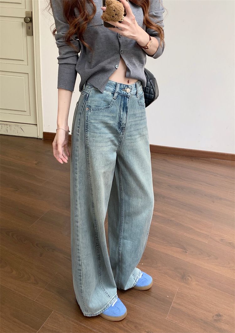 Weite Jeans im Frühlingsstil für Damen, neue hoch taillierte, gerade Beine mit hängendem Griff, bodenlange Hose_voghion.com