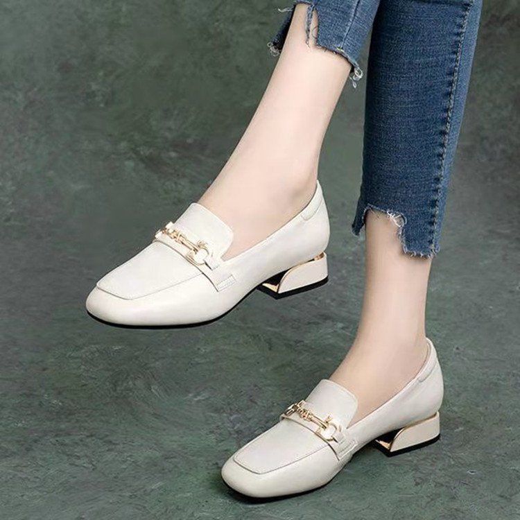 Soft-soled Loafers Women's Square Head Shallow Mouth Single Shoes Women's One-pedal Small Leather Shoes Square Heel British Style_voghion.com