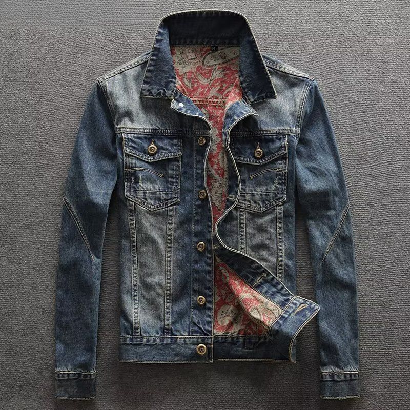 Cowboyjacke, schmal geschnitten, Jacquard-Muster, Used-Look, lässiges Oberteil für Teenager_voghion.com