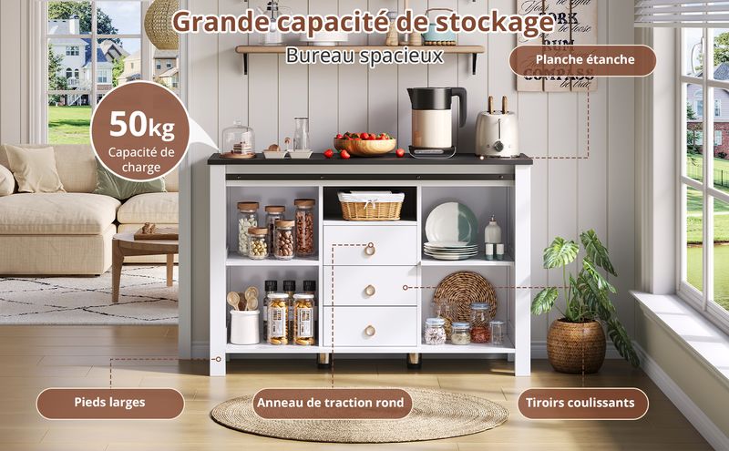 Buffetschrank Bianco 120cm Con Schiebetüren, 3 Schubladen, Rustikaler Holzstil_voghion.com