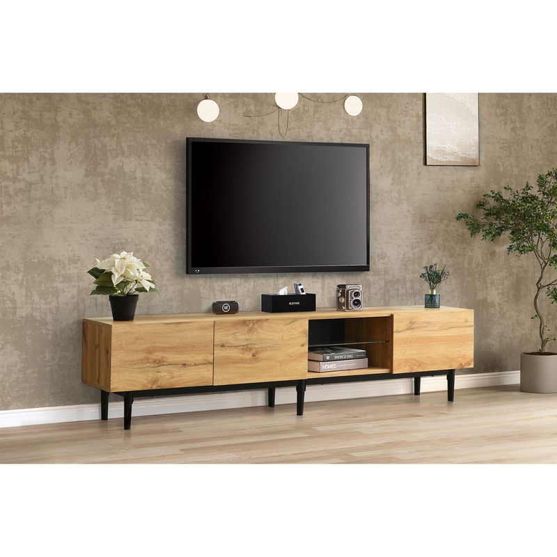 Meuble TV moderne avec finition grain de bois, éclairage LED réglable, 175 L x 31 l x 41 H cm_voghion.com
