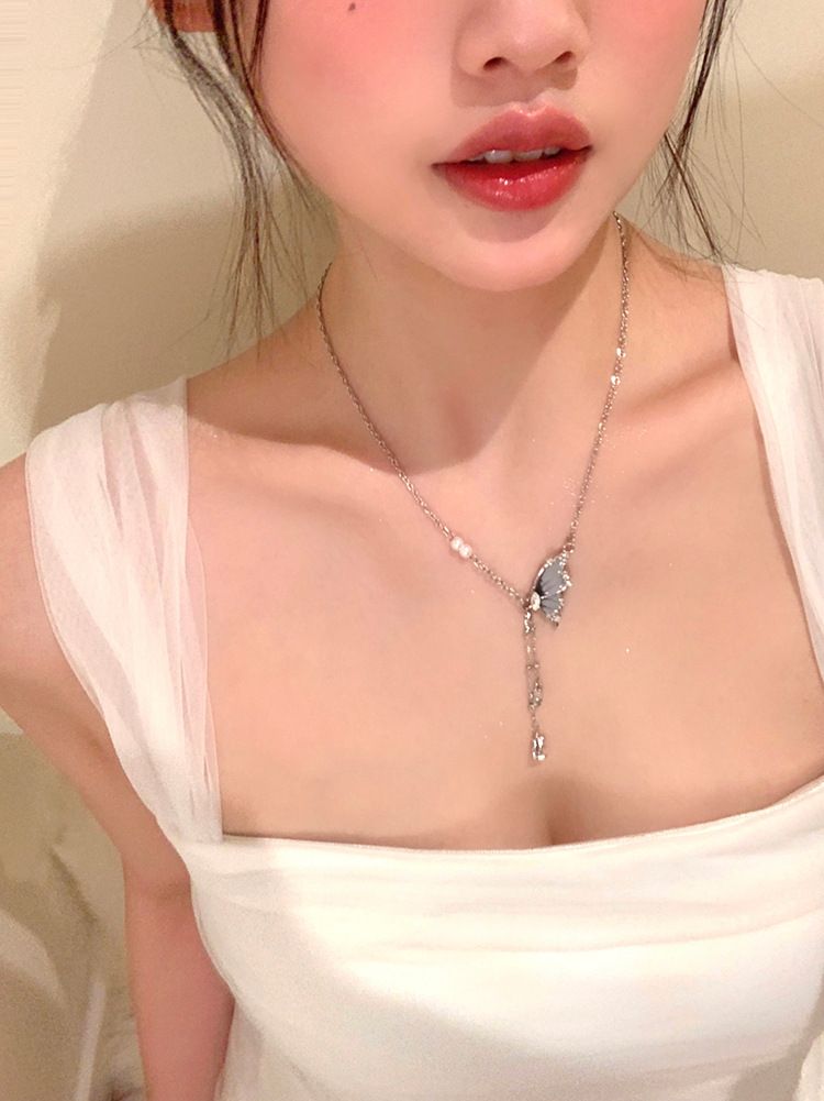 Cool butterfly tassel pearl necklace for women summer new clavicle chain sweet and cool versatile temperament girlfriend accessories_voghion.com