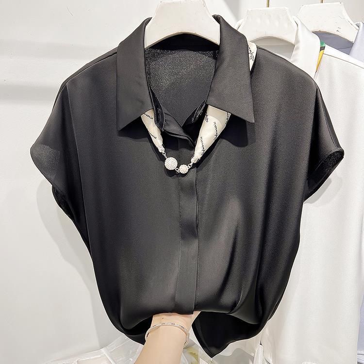 Camicia da donna estiva sottile con risvolto, in chiffon, a maniche corte, con decorazione in seta e sciarpa, stile temperamento_voghion.com