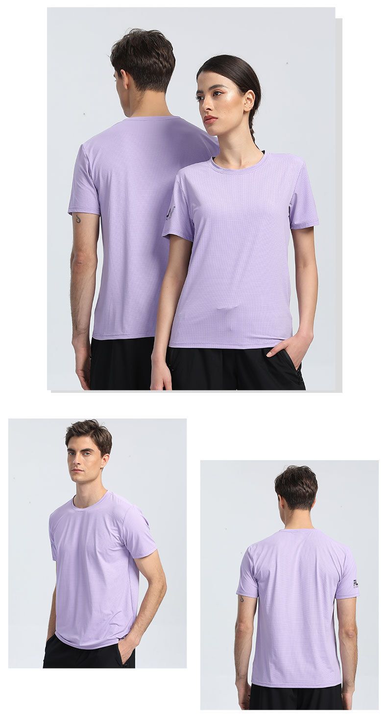 T-shirt de sport décontracté à manches courtes en nylon imprimé pour hommes et femmes, col rond, fitness, sensation de glace, séchage rapide, couleur unie_voghion.com