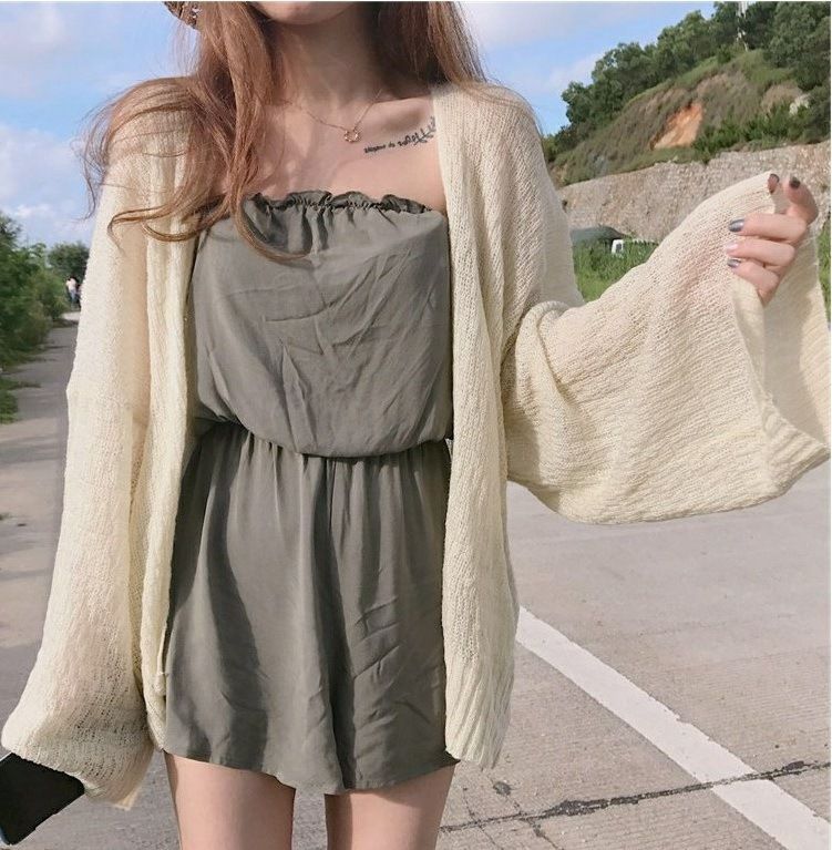 Cardigan in maglia a maniche lunghe leggero oversize in stile coreano - Coprispalle con protezione solare, coprispalle estivo sottile e arioso per donna_voghion.com