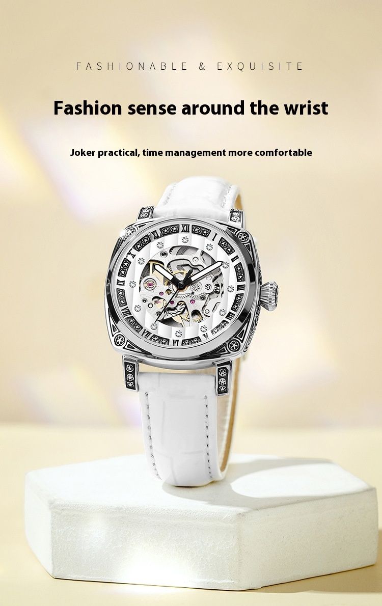 Volledig automatisch mechanisch horloge, modieuze trendy gesneden diamant ingelegde echte riemnaald, lichtgevend waterdicht_voghion.com