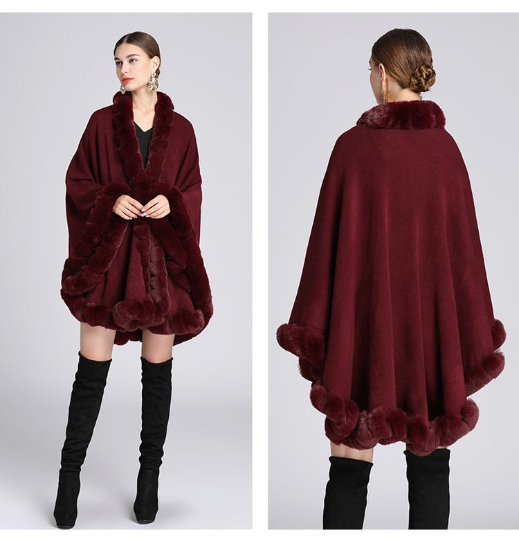 Fur Collar Cape Ladies Large Size Knitted Cardigan Loose Coat Artificial Fur Fashionable And Warm Shawl Cape_voghion.com